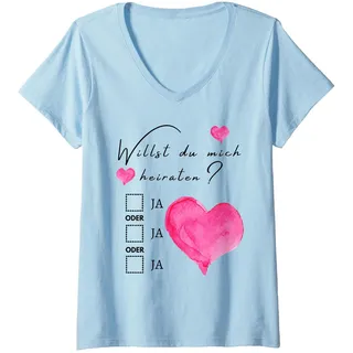 Damen Heiratsantrag Willst du Mich heiraten? Hochzeitsantrag T-Shirt mit V-Ausschnitt, Himmelblau, S