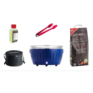 LotusGrill XL Starter-Set mit USB-Anschluß, 2,5 kg Buchenholzkohle, 200 ml Brennpaste, Zange, Transport-Tragetasche - Raucharmer Holzkohlegrill in Tiefblau
