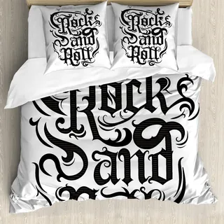 ABAKUHAUS Rockmusik Bettbezug Set, Weinlese-Handbeschriftung Rock-and-Rollretro Konzept-Kunst-Zusammenfassung wirbelte Linien, 200 x 200 cm + 80 x 80 cm, Schwarz - Schwarz