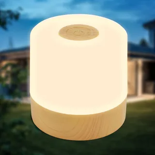 B.K.Licht - Mini LED Tischlampe kabellos IP44 mit Touch, dimmbar in Stufen, Akku, USB-C Kabel, Nachttischlampe, Dekolampe, LED Lampe, Akku Tischleuchte, Outdoor Lampe, Kinderzimmer, 7x7cm, Holzoptik