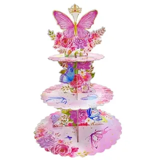 Fuwraixis 3-stöckiger rosa Schmetterlings-Kuchenständer, Tortenplatten mit Schmetterlingsthema,Dekorationen für Geburtstagsfeiern,Party-Zubehör für Mädchen