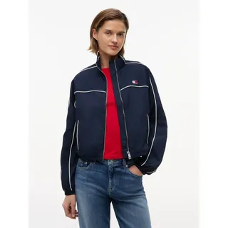 Blouson TOMMY JEANS "TJW NYLON PIPING JACKET", Damen, Gr. M (40), blau (schwarz night navy), Web, Obermaterial: 100% Nylon. Futter: 100% Polyester, kontrastfarbene Details, unifarben, regular fit hüftlang, elastischer Bund, Jacken Blouson, mit kontrastfarbener Paspelierung