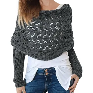 Icegrey Schal Mit ärmeln für Damen, Gestrickter Zopfmusterschal, Winter Pullover Schal, Sweater Scarf with Sleeves, Strickschal, Dunkelgrau