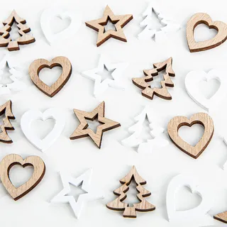 Streudeko Weihnachten Holz 24-teilig – Herzen Sterne Tannenbaum Mix in Weiß & Natur – 2,5 bis 3 cm – Tischdeko & Bastelzubehör – Logbuch-Verlag