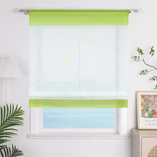 ESLIR Raffrollo Küche Raffgardine mit Tunnelzug Gardinen Transparent Bändchenrollo mit Schmetterling Bestickt Voile Grün BxH 60x120cm 1 Stück