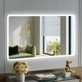 baklon Badspiegel mit Beleuchtung 100x60cm, Badezimmerspiegel Wandspiegel und Touch-Schalter, IP65-Led-Spiegel-Bad mit Speicherfunktion, 3 Farbtemperatur,Horizontal/Vertikal, HD Hartglas