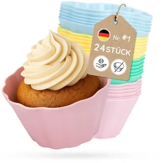 Backefix Silikon Muffinförmchen 24 Stück – 7,5 x 4 cm und 100 ml pro Cup, wiederverwendbare Cupcake Förmchen statt Einweg, formstabil, Airfryer geeignet, in sanften Pastellfarben, BPA- & PFAS-frei