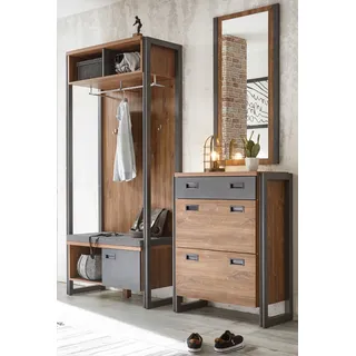 Garderobe Set 3-teilig "Auburn" Eiche grau Flurgarderobe 175 x 210 cm - Naturbelassen, Braun, Grau