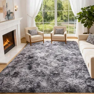 CHOSHOME Teppich Wohnzimmer Shaggy Hochflor Langflor Teppich Kinderzimmer Modern Bunte Batik Jugendzimmer Flauschig Teppiche Groß, Dunkelgrau/Schwarz 150 x 240CM