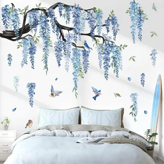 decalmile Wandtattoo Baum Ast Blüten XXL Groß Wandaufkleber Hängende Blumen Blüten Blau Vögel Wandsticker Wohnzimmer Schlafzimmer Sofa Hintergrund Wanddeko