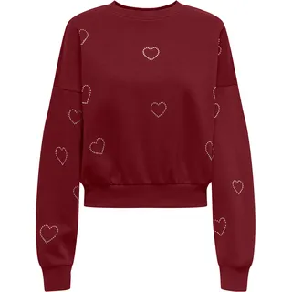 Sweatshirt ONLY "ONLBERIT L/S O-NECK SWT", Damen, Gr. XS, cabernet detail:heart silber rhinestone, Sweatware, Obermaterial: 60% Baumwolle, 40% Polyester, bedruckt, regular fit hüftlang, Rundhals, Rippbündchen, Sweatshirts Sweatshirt