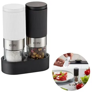 GEFU Salz- und Pfeffermühle TUSOME weiß und schwarz – 2 Mini Gewürzmühlen mit Untersetzer