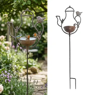 Relaxdays Vogeltränke Teekanne, HxBxT: 86 x 27 x 13 cm, Gusseisen, braun | mit Erdspieß, Futter- & Wasserschale für Vögel