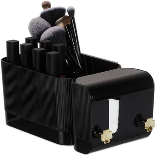Relaxdays Kosmetik Organizer, 4 Fächer und 2 Haken, Wattestäbchenbehälter, Klebe-Wandmontage, Kunststoff, schwarz/Gold