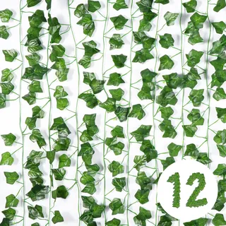 Vinabo Efeu Künstlich, 12 Stück Efeu-Girlande, 2.1m Grüner, Pflanzen, Ranke für Garten, Hochzeit, Party, Wanddekoration, Halloween, Terrasse