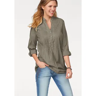 Longbluse ANISTON CASUAL, Damen, Gr. 50, grün (helloliv), Web, Obermaterial: 100% Baumwolle, unifarben, figurumspielend ca. Mitte Oberschenkel, Rundhals, 1-Knopf-Manschette krempelbar, Blusen Longbluse, mit dekorativer Biesenverarbeitung, Topseller