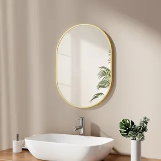 EMKE Badspiegel Oval 45 x 60 cm Spiegel mit Goldener Rahmen Wandspiegel Oval Horizontal/Vertikal Badezimmerspiegel Ovaler Spiegel Gold Dekorativer HD Wandspiegel für Badezimmer, Flur