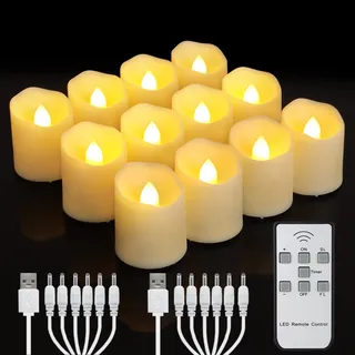 yunsheng 12 Stück Wiederaufladbare LED Teelichter mit Fernbedienung Timer, Aufladbar Flammenlose Flackernde Kerzen, Warmweißes Licht, Halloween Weihnachten Hause Hochzeit Deko (mit 2 USB Ladekabel)