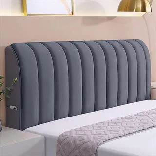 Hearda Elastischer Bettkopfteilbezug aus Samt, Streifen, All-Inclusive, staubdicht, weich, bequem, Kopfteil-Schonbezug, flauschige Kopfbedeckung für Schlafzimmer-Dekor (180 cm, Grau)