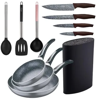 San Ignacio 3-teiliges Pfannen-Set (16 + 20 + 24 cm) aus gepresstem Aluminium, Induktion, schwarz Soul Marble mit 3 Küchenutensilien-Set aus Nylon mit 4 Messern aus Edelstahl