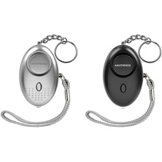 AMATHINGS 2er Set Taschenalarm Schwarz / Silber 140 dB Schlüsselanhänger Alarm mit LED-Licht – Panikalarm Schlüsselanhänger zur Selbstverteidigung – Alarmgeräte für die Handtasche