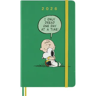 Moleskine Daily Planner Peanuts, 12-Monate Tageskalender 2026, mit Harte Einband, Elastischem Verschluss und thematischen Aufklebern, Großformat 13 x 21 cm
