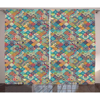 ABAKUHAUS marokkanisch Rustikaler Gardine, Orientalische Motive, Schlafzimmer Kräuselband Vorhang mit Schlaufen und Haken, 280 x 225 cm, Mehrfarbig