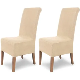 SCHEFFLER-Home Stretch Stuhlhussen Sofia / Creme 2er Set / Elastische Stuhlabdeckungen / Schwingstühle / Flanell Spann-Stuhlhussen Hochlehner Mit Gummiband