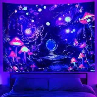 Cyiecw Schwarzlicht Wandteppich Aesthetic,UV Reaktive Pilz und Baum des Lebens Deko Tapestry, Fluoreszierend Pflanzen Wald Wandtuch, Wandbehang Wohnzimmer Dekoration(200 * 150cm)