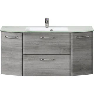 Pelipal Waschtischunterschrank Quickset 328 mit Waschtisch in Graphit Struktur Quer Nachbildung, 112 cm breit | Waschplatz mit 2 Drehtüren, 1 Klappe und 1 Auszug, Mittel
