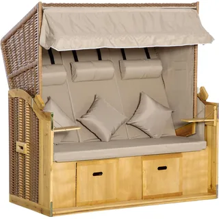 Strandkorb 3-Sitzer Sonnenliege mit Dach 2 Klapptischen Fußstütze Chaiselongue 5-stufige Rückenlehne XXL Polyrattan Natur 150 x 79 x 160 cm