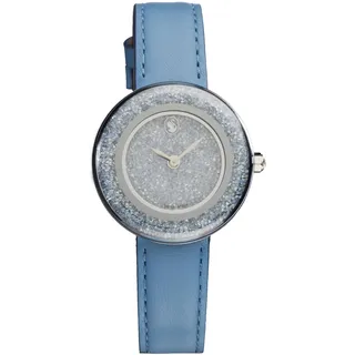 Swarovski Crystalline Lustre Uhr, Analoge Armbanduhr aus Edelstahl mit Blauem Lederarmband und Tiefblauen Kristallen, Armbandlänge: 14-19 cm, Armbandbreite: 1.5 cm