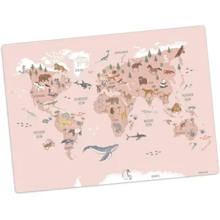 Tischset | Platzset abwaschbar -„Weltkarte Tiere in deutsch aus Premium Vinyl - 44x32 cm – rutschhemmend, abwaschbar - Made in Germany