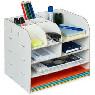 Relaxdays Schreibtisch Organizer mit Dokumentenablage 10 Fächer 27,5 x 32,5 x 25 cm Weiß 1 St.