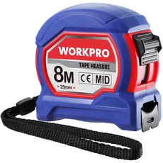 WORKPRO Maßband 8m, 25mm Bandmaß professionell einziehbar, Massband metall mit Lanyard, Metallgürtelclip und Feststeller