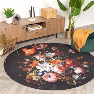 Teppich Floral Rund - Florine Schwarz Orange - Ø 200 cm - Wohnzimmer, Esszimmer, Schlafzimmer - FRAAI | Home & Living - Boho, Industrielle, Ländlich, Modern - Schwarz