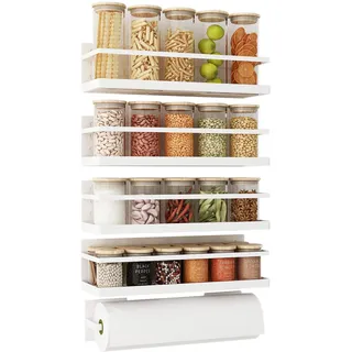 Roysili Gewürzregal für Kühlschrank, magnetisches Kühlschrankregal für Küche, Gewürz-Organizer, platzsparend, mit magnetischem Papierhandtuchhalter, weiß, 4er-Pack