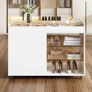 okwish Mehrfach Aufbewahrungsschrank Glas Sideboard mit 5 Schubladen und Lenkrollen Schminktisch mit offenen Fächern Weiß - Weiß