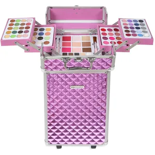 Mya Cosmetics - MYA Deluxe Makeup Trolley | Tragbarer Make-up Trolley mit Augenschatten, Rouge, Gloss und Pinseln | mit Rollen und herausziehbarem Griff