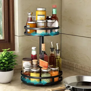YunNasi Gewürzregal Drehbar 2 Etagen Schwarz Lazy Susan Küchenregal Stehend für Arbeitsplatte Küchenorganizer Eckregal Ohne Bohren