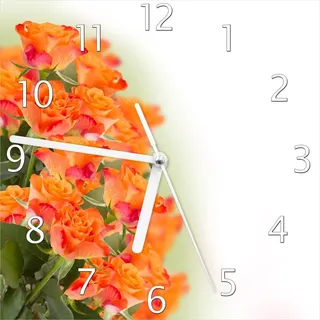 Wallario Design Wanduhr Orangene Rosenblüten im Strauß aus Echtglas, Größe 20 x 20 cm - Weiß