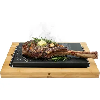 BEEFSTONE Heißer Stein Lavastein Steak-Brett extra groß Hot Stone Steingrill Set aus Bambusbrett Lavastone und Porzellan-Platte, Fleisch, Fisch grillen auf heißem Stein (XXL)