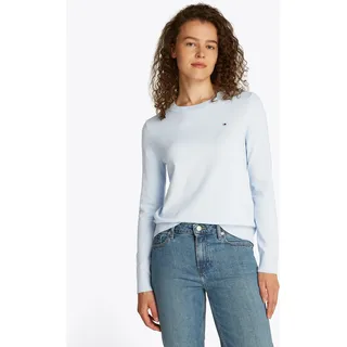 Rundhalspullover TOMMY HILFIGER "CO JERSEY STITCH LS C-NK SWT", Damen, Gr. XXL (44), blau (breezy blau), Strick, Obermaterial: 67% Baumwolle, 33% Polyamid, unifarben, normal hüftlang, Rundhals, Bündchen, Pullover Rundhalspullover, mit Logostickerei