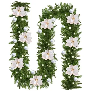 Weihnachtsgirlande mit Beleuchtung, TGKYK 2.7M Girlande Weihnachten, Tannengirlande mit Beleuchtung für Außentreppen Hochzeit Party Urlaub Indoor Outdoor Dekoration (Silbrig)