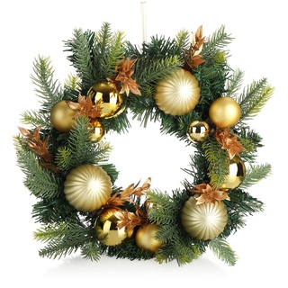 COM-FOUR® Türkranz Weihnachten - Adventskranz mit Christbaumkugeln und Zweigen - Dekokranz Ø ca. 30 cm - Weihnachtsdeko - Tischkranz - Weihnachtskranz (goldfarben/bronzefarben - Kugeln/Zweige)