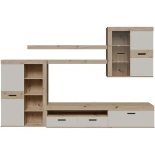 Forte Zumba Wohnwand 300, Moderne Wohnwand mit integr. Lowboard, Vitrinenschrank, Wandpaneel, Regal, Holzwerkstoff, Artisan Eiche Holzdekor/Kaschmir Beige, 300 cm breit x 200,9 cm hoch x 41 cm tief