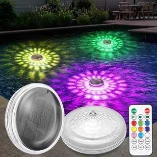 Qoolife Poolbeleuchtung Solar, 2 Stück Poolbeleuchtung Unterwasser mit Fernbedienung, IPX7 Wasserdicht Teichbeleuchtung Solar Pool Licht, 12 Farbmodi, Timer für Schwimmbad, Halloween