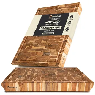 Erreke Schneidebrett Holz, End Grain Teakholz 50x35x5 cm, Robuste Stärke von 5 cm, Heavu Duty Holzbrett Küche mit Auffangschale, Anti-Rutsch-Füße, Servieren Käse Brot Hackbretter 50x35x5cm (Saftrille)
