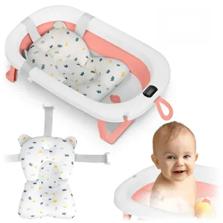 Ricokids Baby Badewanne Babywanne mit Thermometer und Badekissen - Faltbar Leicht Rutschfest - Weiß Rosa