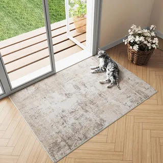 HUGEAR Waschbare Teppiche Gegend Kleiner Teppich 60 X 90cm Beige Grau Modern Abstrakt Eingangsbereich EingangstüR Teppisch rutschfest Kurzflor Weich Bettvorleger Küchen Carpet